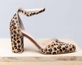 Animal Print Woman Handmade Medium Block Heels, Leopard heels /cow hair shoes New collection Shoes /stunning office heels /