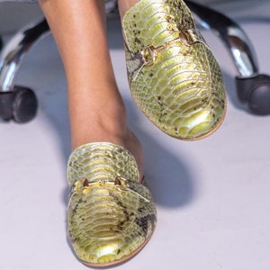 Lime Cream ,Green Gold Stamp slippers snake Leather Mules, Handmade Slides Green shiny  open heel women shoes ,round mules.  Every day mules