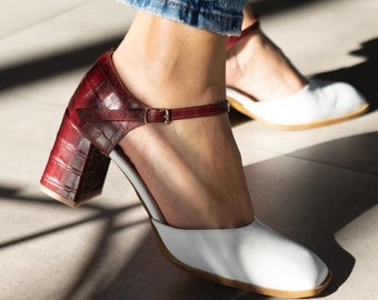 Women genuine leather sandals, square heels 6,5 cm, square toe shoes with strap around ankle, white leather with burgundy croco print.