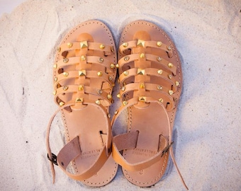 Gladiator Tan Leather sandals with Gold Studs handmade in Greece by aelia Greek sandals LAST PAIR 39 eu/ 8 us