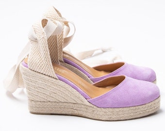 Espadrilles Lilac Shoes , Suede wedge lilac espadrilles handmade in Greece .