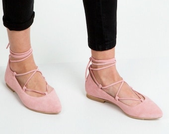 Lace up Pointed toe Women shoes flats in  baby pink color handmade Wedding Flats