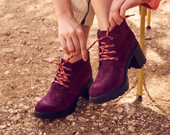 Burgundy Suede Leather Handmade Ankle Boots /Sporty Boots With heels/ Ankle Booties with ties /boots for every day/ comfy boots