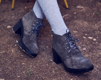 Gray Suede Leather Handmade Ankle Boots /Sporty Boots With heels/ Ankle Booties with ties /boots for every day/ comfy boots