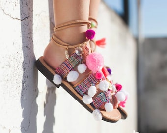 Handmade White Leather Gladiator Sandals for Girls - Bohemian Greek-Style Lace-Up with Pom Poms ,little girl lace up / tie up gladietor