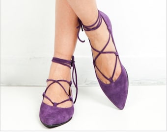Handmade Purple Suede Lace-Up Flats: Greek Designer Pointed Toe Leather Shoes for Women