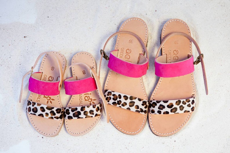 Aelia greek sandals / apostasy collection/ leopard pony skin and fuchsia/ handmade / two straps image 3