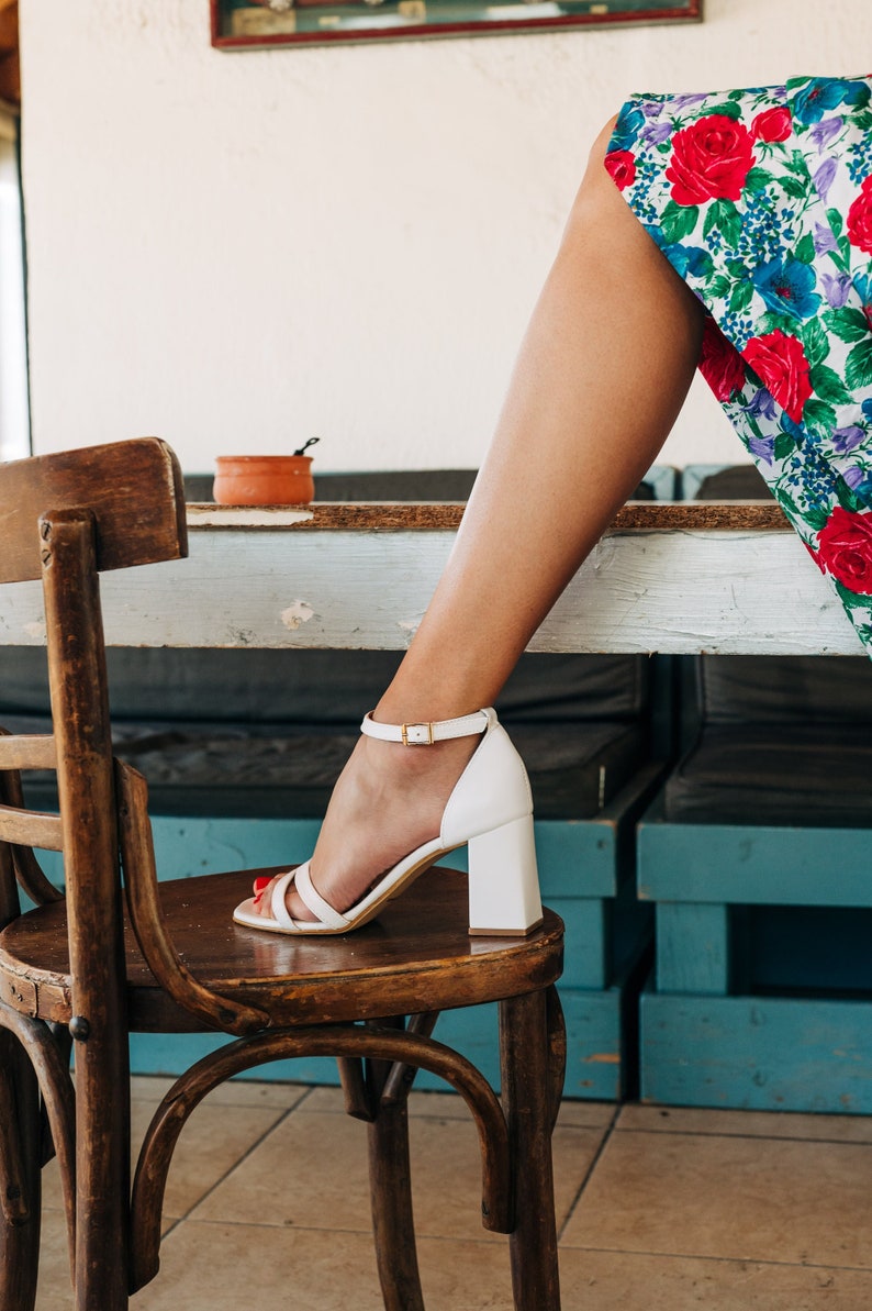Strappy White leather block heels ,wedding shoes ,woman wedding shoes , white vegan leather with block heel .Bride white shoes block heels image 2