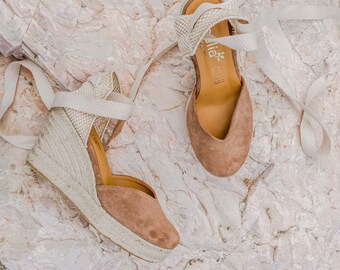 Taupe Suede Heart Style Espardilles. Handamade in Greece with genuine espadrille sole made in Spain