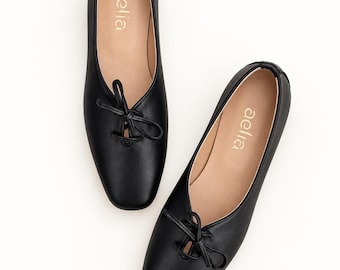 Black Leather Ballet Flats, Square Toe Women’s Shoes, Bow Flats, Handmade Minimalist Leather Shoes, Everyday Comfortable Flats