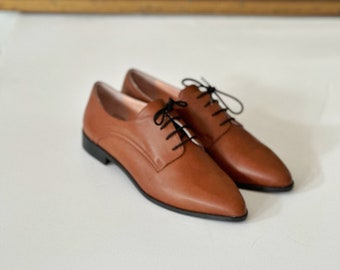 Women Brown Leather Oxfords , Brown Oxfords Shoes, Leather Flat Shoes , Formal shoes, Pointy Flats ,Big women’s sizes, Handmade in Greece