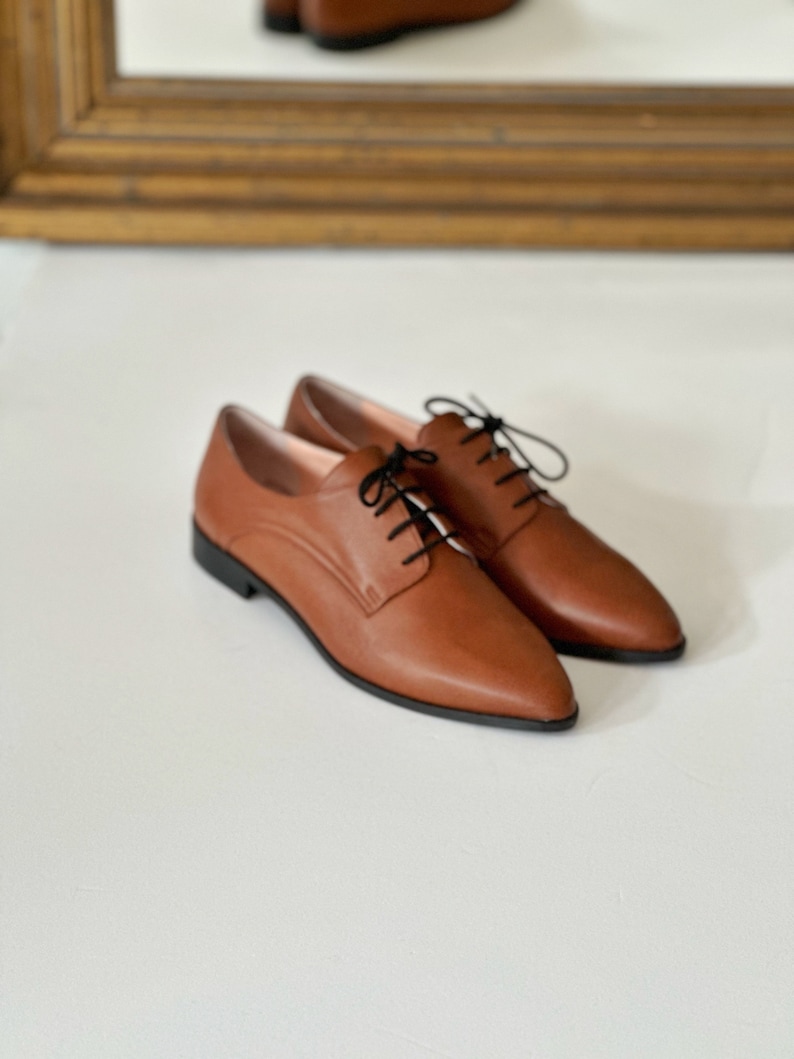 May include: A pair of brown leather lace-up shoes with pointed toes. The shoes have a classic Oxford style and are made from high-quality leather.