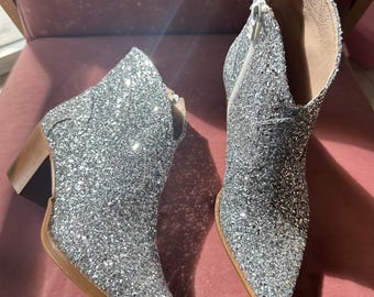 Sparkle silver glitter   Ankle Boots Cowboy style, pointed ankle boots , western sparkle wedding  shoes for women.Handmade shoes