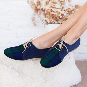 Oxford Shoes  Women Handmade With Checked Wool and Suede Leather Casual Flats Oxford Style Blue Shoes England Style