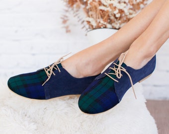 Oxford Shoes  Women Handmade With Checked Wool and Suede Leather Casual Flats Oxford Style Blue Shoes England Style