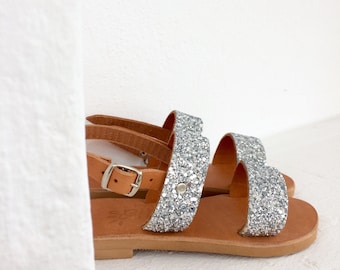 sparkle silver girl sandals/leather handmade/Aelia / baby sandals/ Greek sandals /two straps/ silver 25 size
