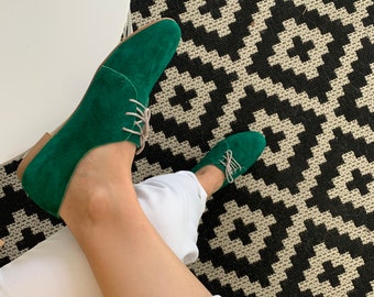 Green Oxford Woman Shoes/Green suede  Leather Shoes/Leather Shoes/Oxford flat Shoes/Flat Shoes/Green  Leather Shoes/Unique Shoes/Ties shoes