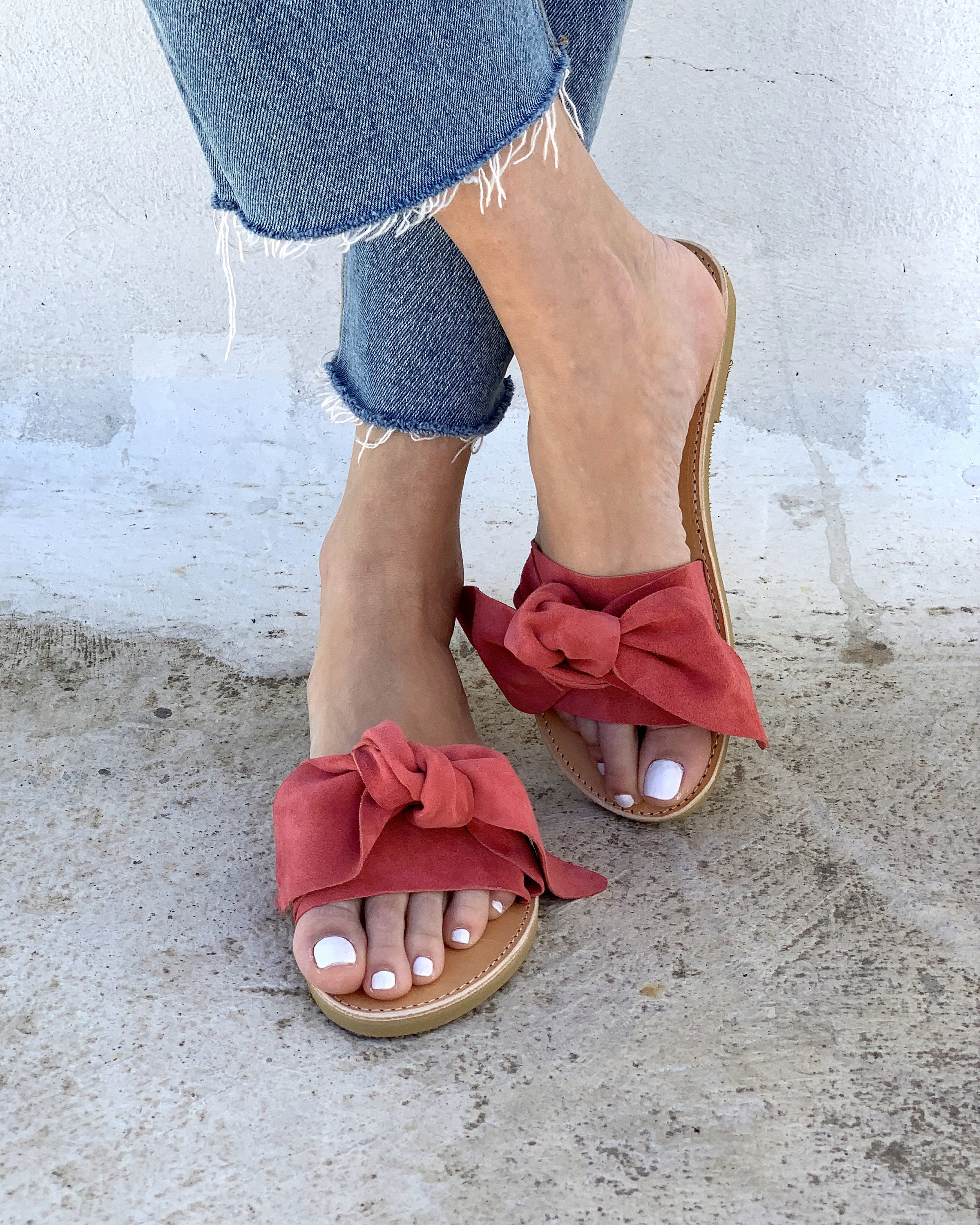 Coral Suede Bow Sandals LIVING CORAL ,Orange Slides Handmade Leather ...