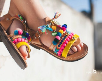 gladietor boho sandals/pom pom sandals/little girl/leather/pony skin/friendship bracelets/Lida gladietor collection