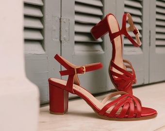 Red Leather Heeled Sandals | Handmade Greek Sandals | Block Heel 6.5 cm | Elegant Strappy Sandals | Aelia