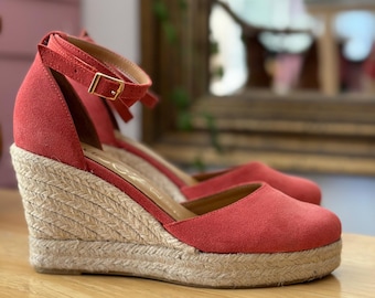 Aria Espadrilles Caramel Cafe Suede Leather Handmade wedge espadrilles very soft and comfy ,double ankle strap