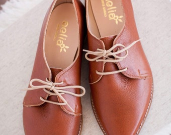 Brown woman oxfords . Handmade in Greece. Pointed leather shoes