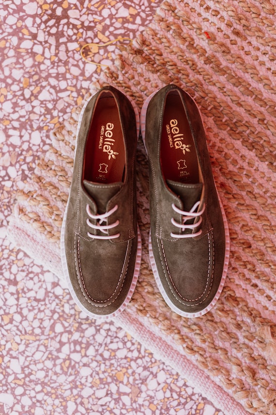 Khaki Suede Woman Loafers With Laces chunky Lace up Flat Shoes Brogues Khaki Suede Shoes leather Shoes khaki Suede Women Shoes gift Etsy