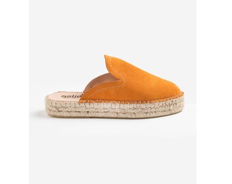 Flat Leather Mules Espadrilles Mandarino Suede Leather . Handmade in Greece , comfy flat woman shoes, split leather shoes