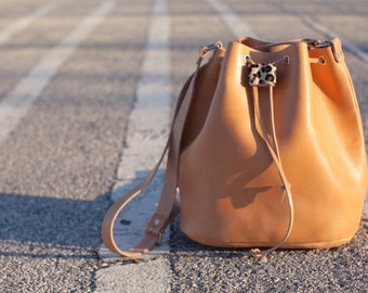 Shoulder large leather bucket bag  cross body handmade by aelia in natural or  black .Ready to ship