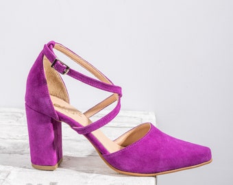 Magenta stunning block heels  Woman Handmade Medium Block Heels Pointed Pumps , sandalen blockabsatz