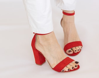 Elegant Red Suede Leather Sandals with Block Heel and Ankle Strap - Classic Summer Footwear for Women