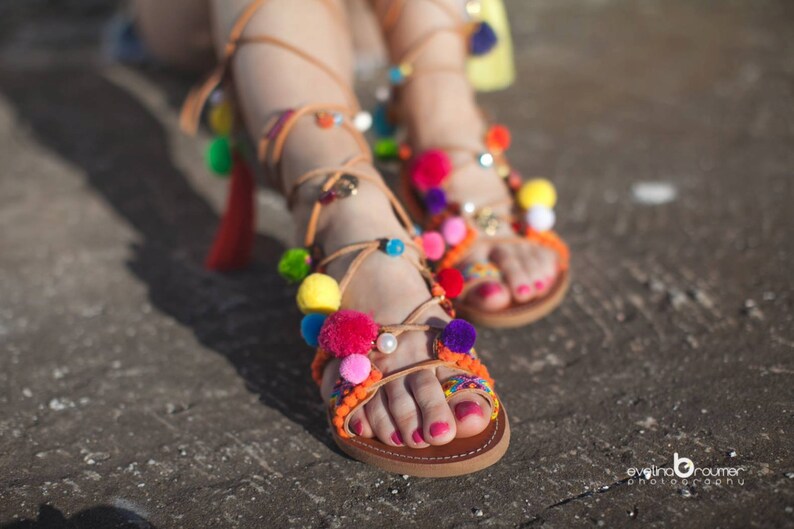 Aelia Boho Greek Sandals /tie up Gladiator Sandals / Pom Pom Etsy