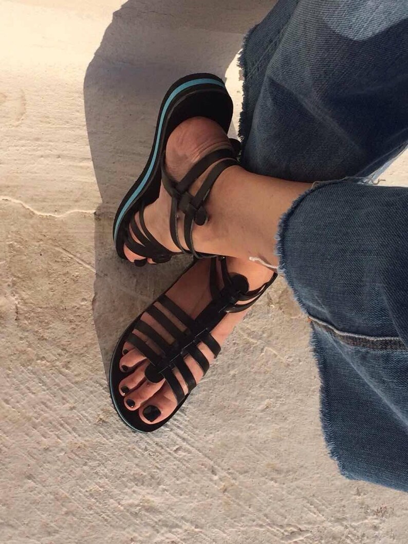 Handmade in Greece by Aelia Greek Sandals Black platforms sandals with blue details in sole