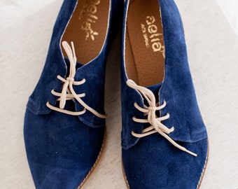 Blue Oxfords Women Shoes .Stylish Flat Suede Leather Shoes. Pointed Toe Ties Oxford Shoes