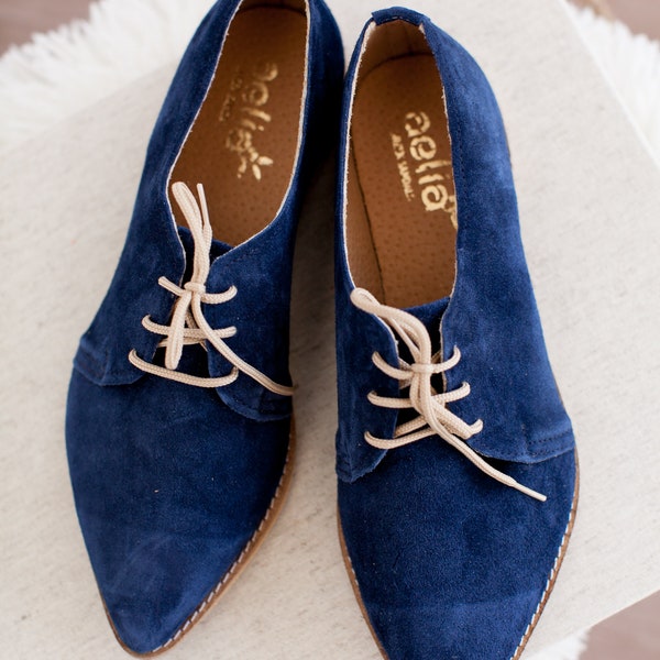 Blue Oxfords Women Shoes .Stylish Flat Suede Leather Shoes. Pointed Toe Ties Oxford Shoes