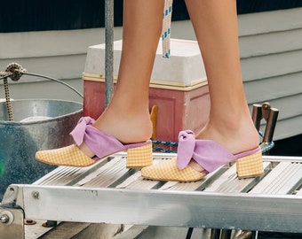 Handmade Greek Yellow Plaid Mules with Lilac Suede Bow - Medium Block Heel Women's Shoes. medium heels mules, the perfect women shoes