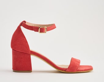 Medium block heel Sandals with ankle strap in Coral Suede