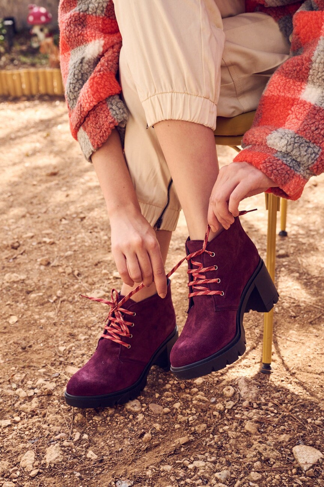 Burgundy Suede Leather Handmade Ankle Boots /sporty Boots With Heels/ Ankle  Booties With Ties /boots for Every Day/ Comfy Boots