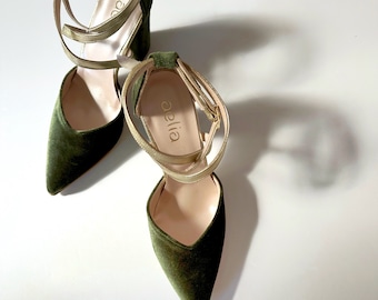 Olive Green Velvet Wedding Shoes, Whith gold straps, perfect wedding shoes, customs women shoes ,D'Orsay ankle strap Heels ,Shoes for Bride