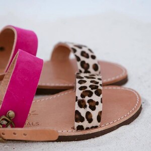 Aelia greek sandals / apostasy collection/ leopard pony skin and fuchsia/ handmade / two straps image 2