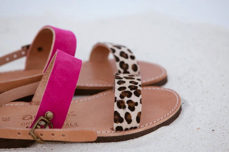 Aelia greek sandals / apostasy collection/ leopard pony skin and fuchsia/ handmade / two straps image 2