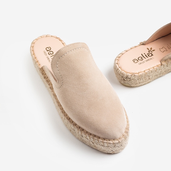 BEIGE Flat Leather Mules Espadrilles  Suede Leather . Handmade in Greece , comfy flat woman shoes, split leather shoes