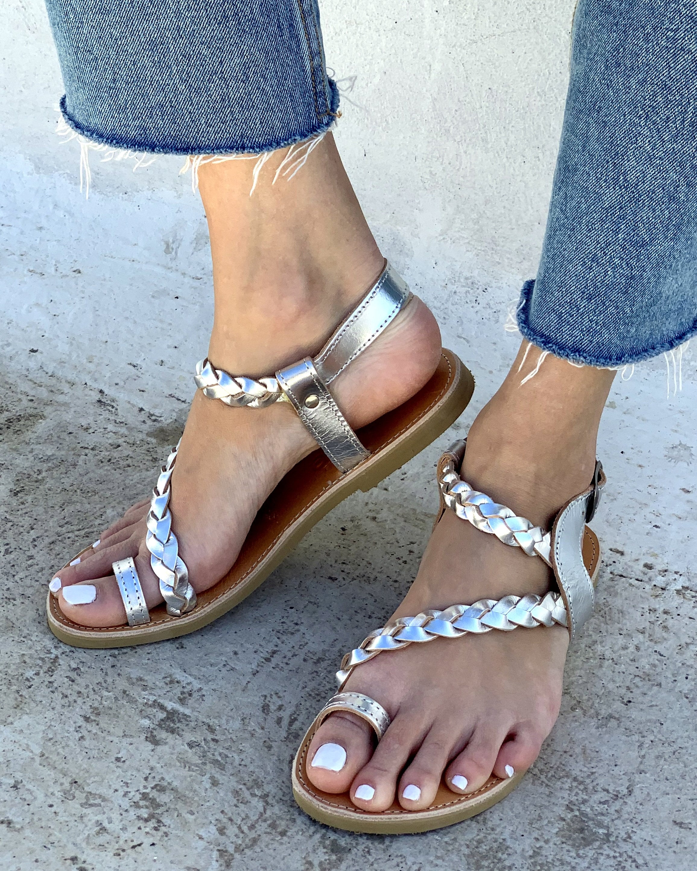 Silver Leather Women sandals , Wedding Greek Sandals