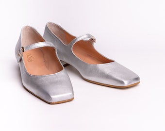 Leather Silver Women Mary Jane /Square Toe With Ankle Strap/Formal Dress Shoes | Low Heel Comfortable Barefoot Vintage Handmade Ballet Shoes