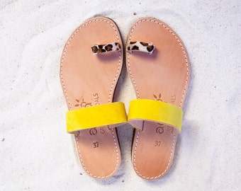 Yellow sandals , toe ring sandals / yellow slides made with suede aelia greek sandals / aristocratic/yellow and animal print haircalf detail