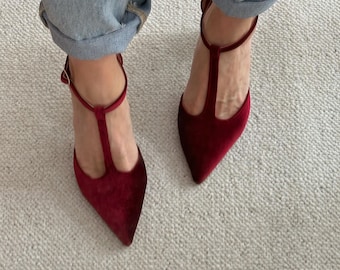 Handmade burgundy Velvet Block Heel Pumps: Tango Wedding Shoes ,Red Wine velvet Shoes