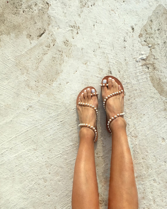 wedding sandals/ leather sandals /greek sandals/leather white  pearl sandals/ pearls/bride shoes /aelia greek sandals/free shipping