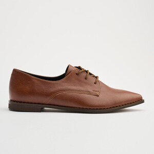 Handmade Vegan Brown Oxford Shoes | Women's Pointed Toe Flats | Derby Style Lace-Up Dress Footwear