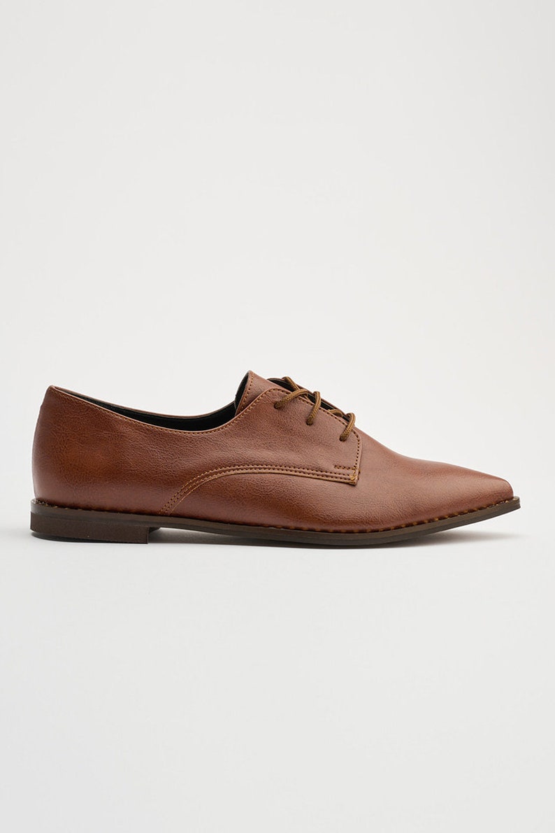 Handmade Vegan Brown Oxford Shoes | Women's Pointed Toe Flats | Derby Style Lace-Up Dress Footwear