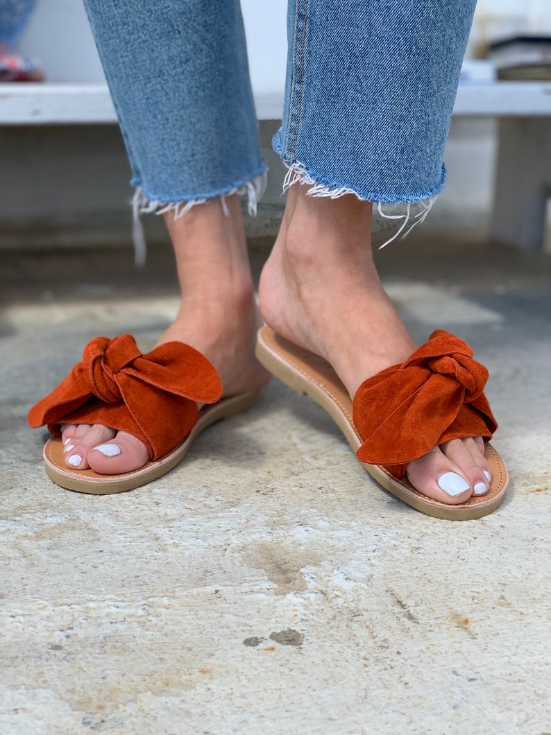 Burnt Orange Bow Leather Greek Sandals - Etsy